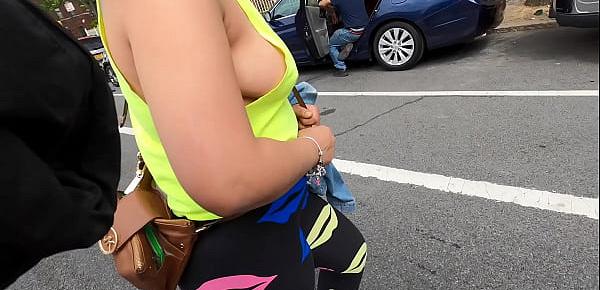  Wife no bra side boobs with pierced nipples in public flashing